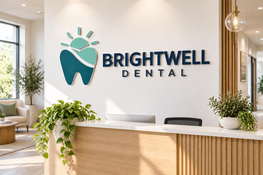 Brightwell Dental logo in use, a concept brand made in the studio for this showcase