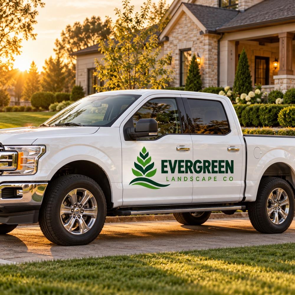 Evergreen Landscape Co logo in use, a concept brand made in the studio for this showcase