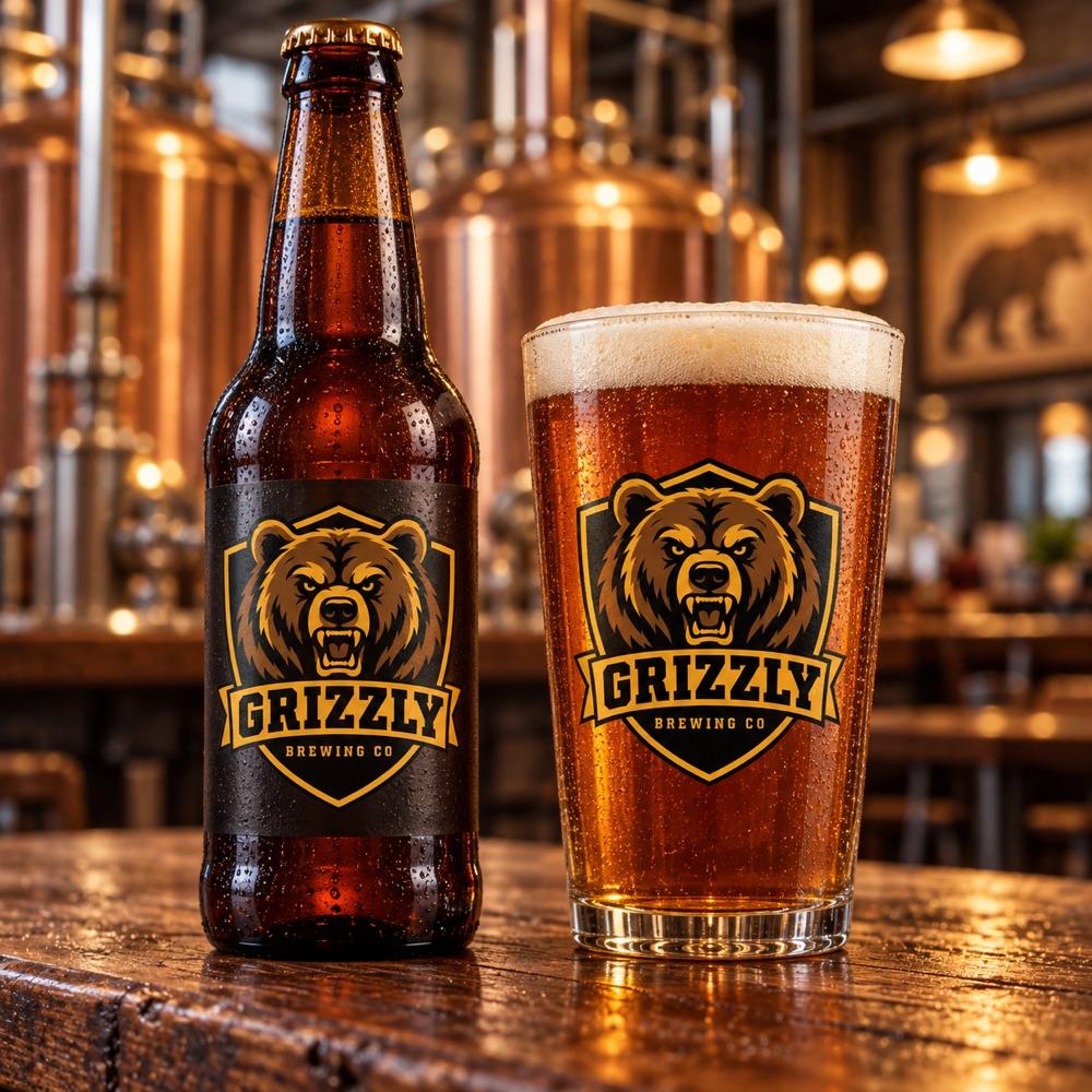 Grizzly Brewing Co logo in use, a concept brand made in the studio for this showcase