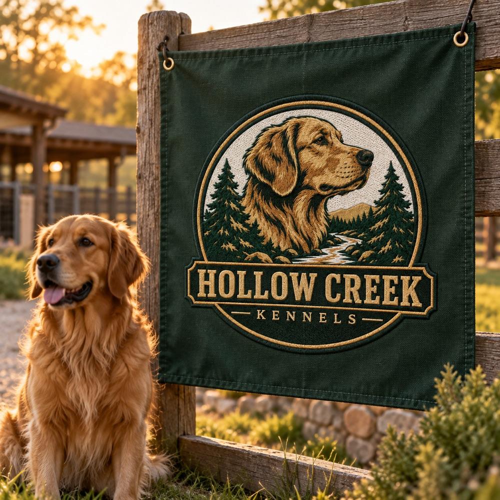 Hollow Creek Kennels logo in use, a concept brand made in the studio for this showcase