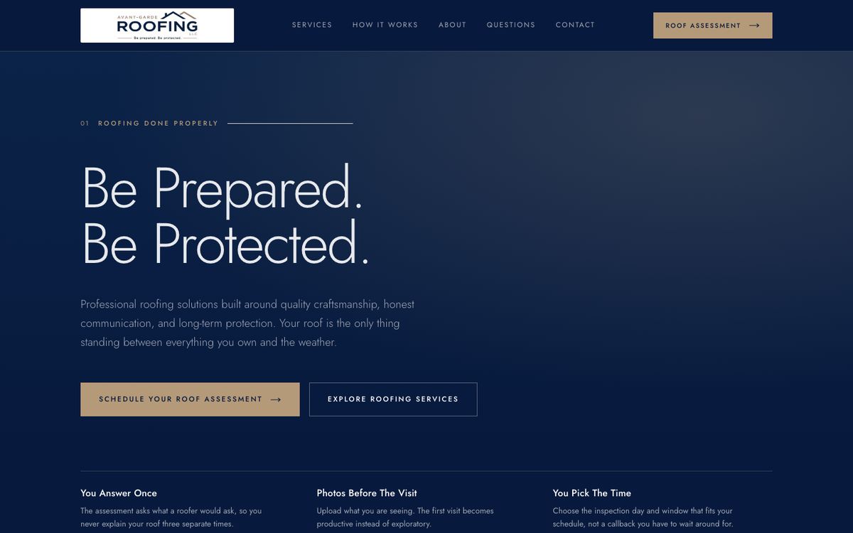 Avant-Garde Roofing website homepage