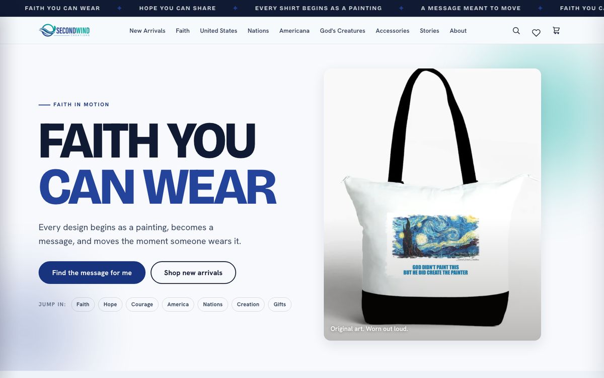 Second Wind T-Shirts website homepage
