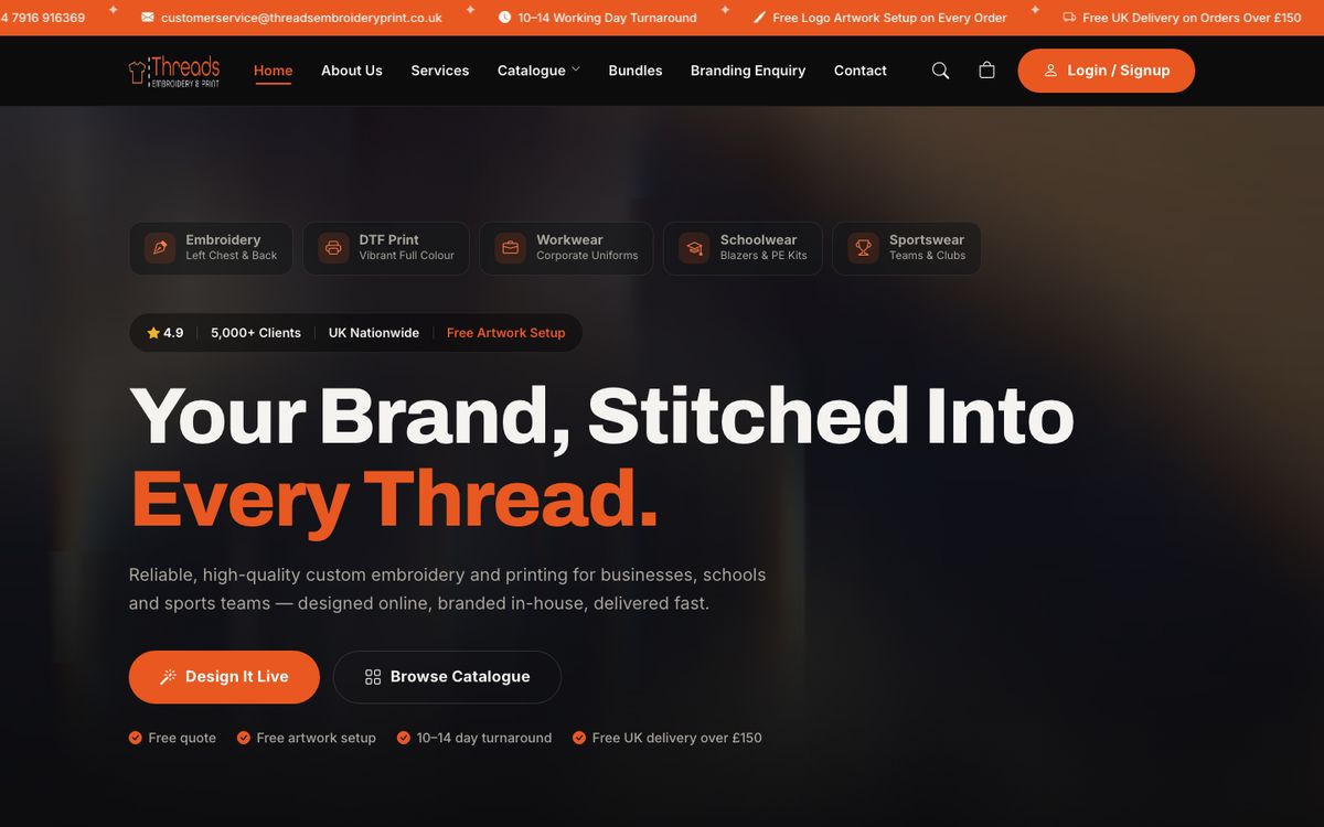 Threads Embroidery & Print website homepage