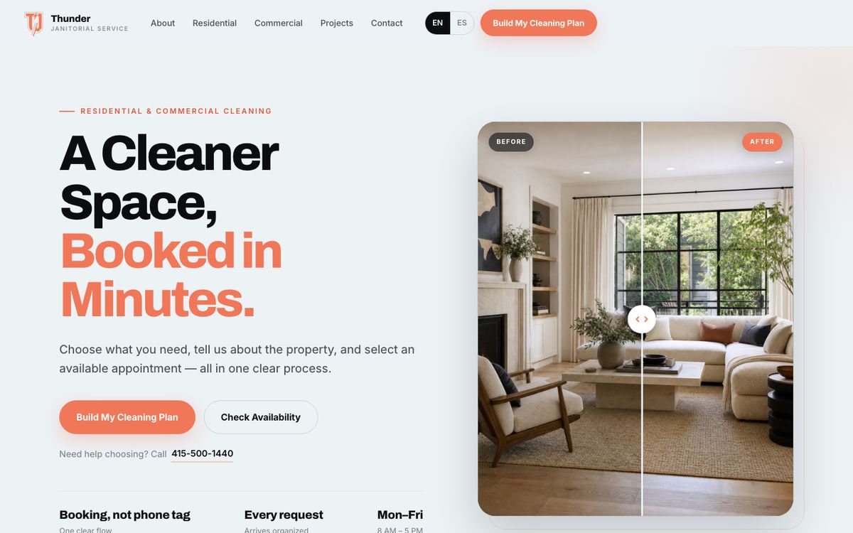 Thunder Janitorial website homepage