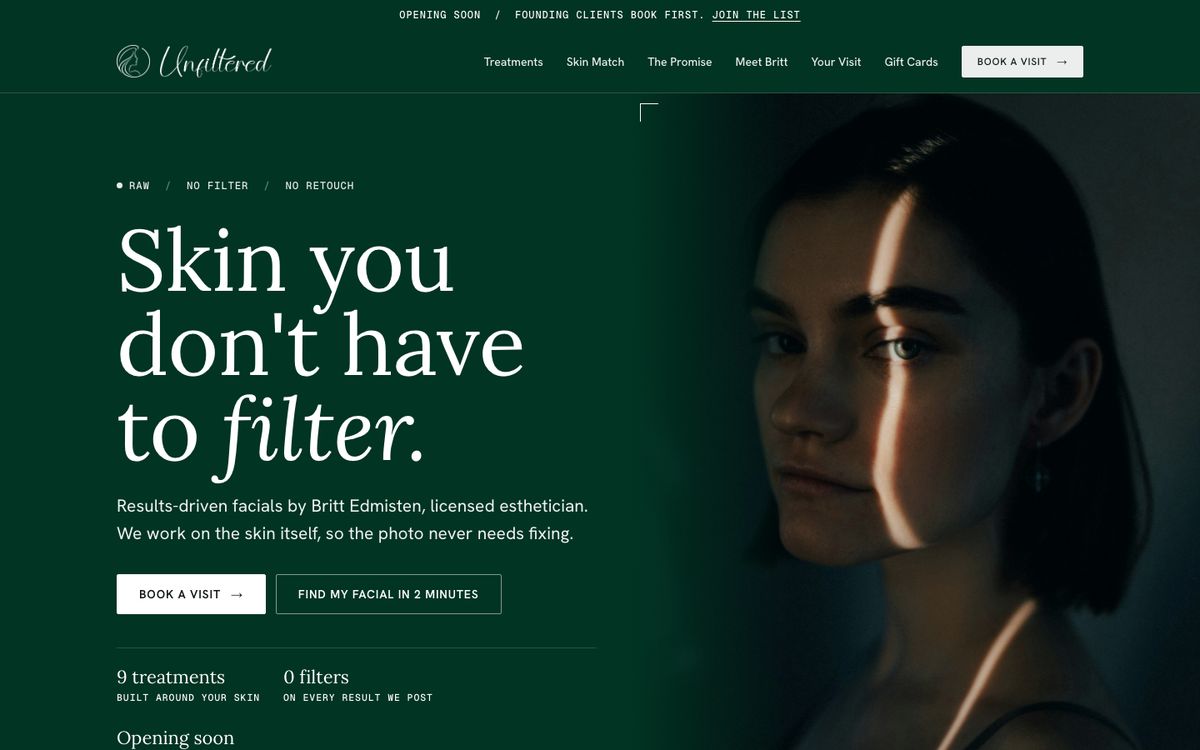Unfiltered Aesthetics website homepage